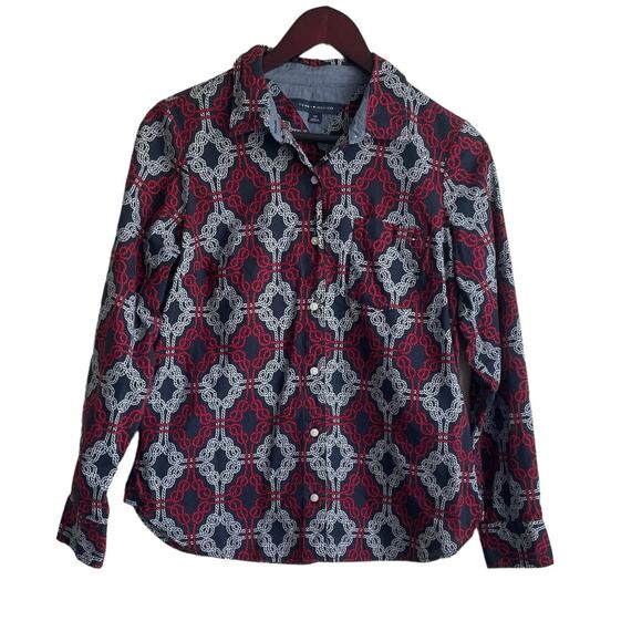 Tommy Hilfiger Women Top S Blue‎ Red Button Up Nautical Print Preppy Academia - Picture 1 of 10